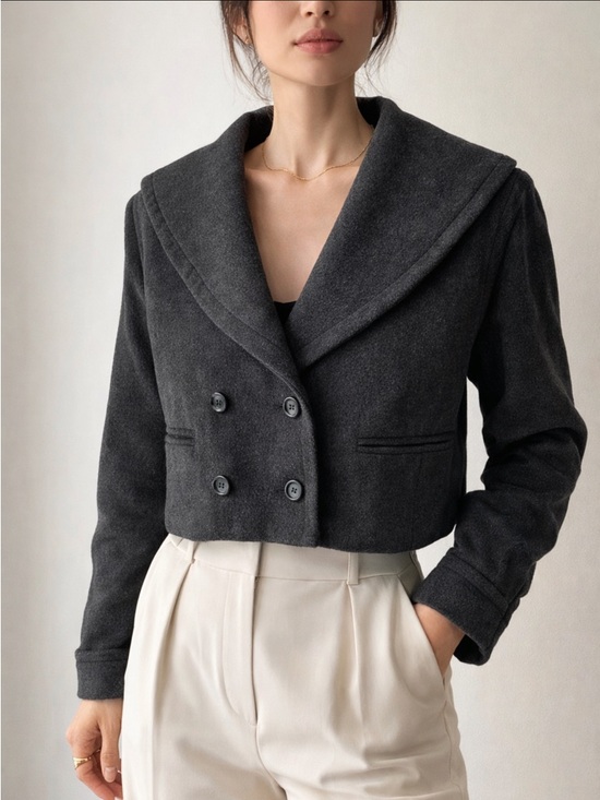 Vintage Jackets & Blazers - Cropped Wool Jacket Double Breasted | Charcoal Minimalist Chic Blazer